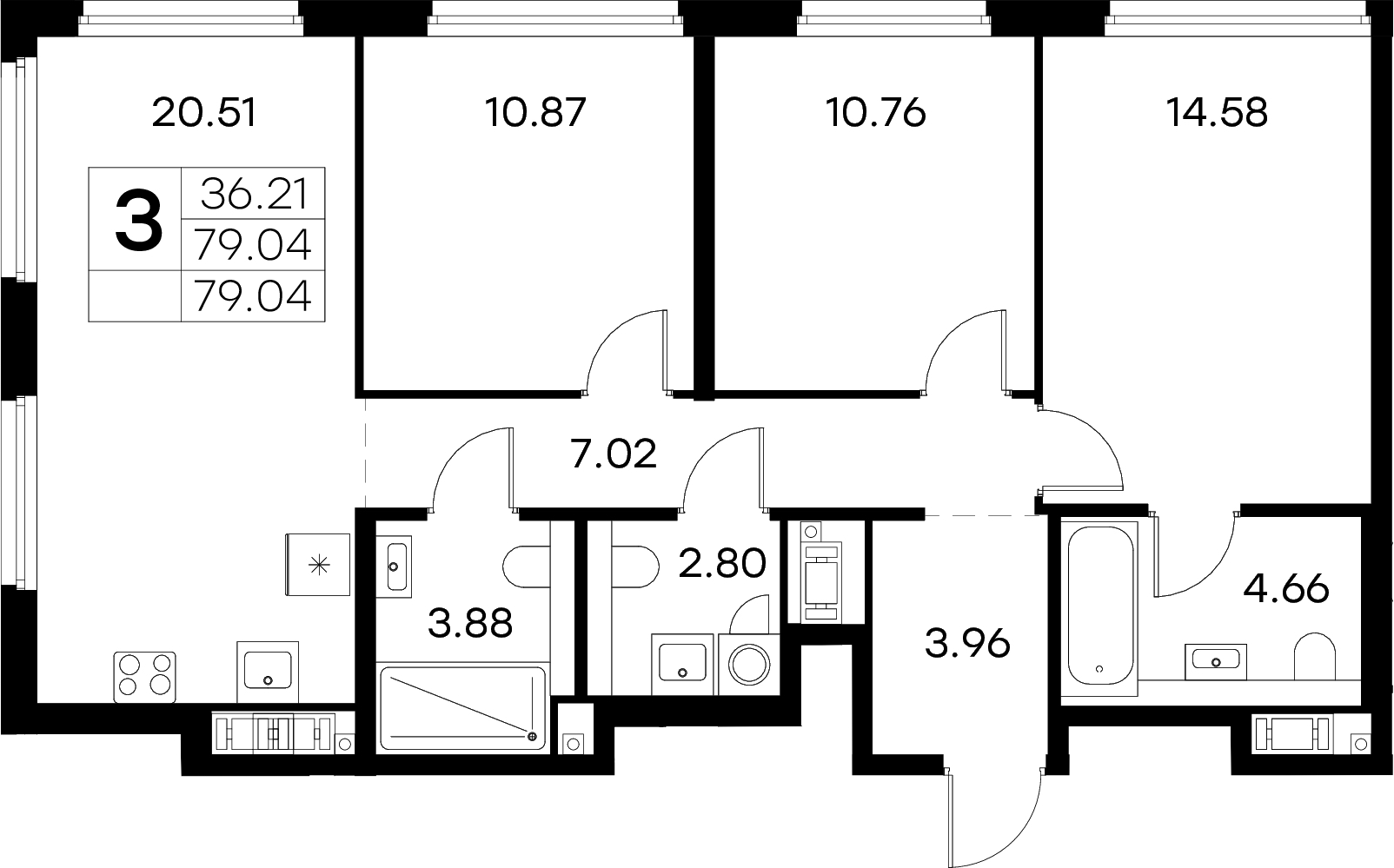 3-комнатная квартира 79.04 м², 13/18 эт., ЖК «Glorax City Василеостровский»